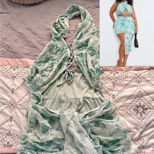 Plus Blue Devore Lace Up Drape Detail Bodycon Dress